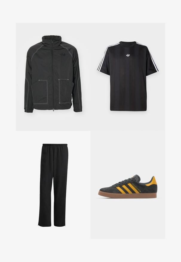 The North Face JACKET - Vindjacka - black; Svart t-shirt med kort ärm och vita tre-randiga detaljer på axlarna samt en liten vit logotyp på bröstet. Slät tygtextur.; Svarta träningsbyxor med elastisk midja, rak bendesign, sidofickor och dragkedjor vid bensluten, tillverkade av ett mjukt och lätt tyg.; Svart mockaskor med gula accenter, med tre ränder och en brun gummisula. Inkluderar en vadderad tunga för extra komfort.