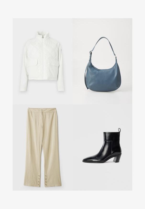 Jachetă albă scurtă cu guler înalt, față matlasată, două buzunare frontale și mâneci netede, având un fermoar central pentru închidere.; Cardigan cu fermoar, tricotat în model cable-knit, de culoare verde măsliniu închis. Dispune de un guler ribat, un model texturat și un închidere cu fermoar argintiu.; Tricou alb din bumbac cu mâneci scurte, guler rotund și o croială relaxată. Textură netedă, fără imprimeuri sau accente, design minimalist.; Pantaloni bej cu picioare late, dintr-un material texturat. Prezintă un talie plată și cinci nasturi la tiv pentru închidere. Design tutu.; Cizme negre din piele până la gleznă, cu vârful ascuțit, toc geometric patrulat și un manșon pentru tragere în spate. Textură netedă și design elegant.; Geantă de umăr din piele albastră, cu o formă rotunjită, bretea unică, închidere cu fermoar și numele brandului embosat pe față. Textură netedă.