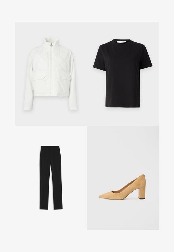 White cropped jacket with a high collar, quilted front, two chest pockets, and smooth sleeves, featuring a central zipper for closure.; Black short-sleeve t-shirt made of soft cotton, featuring a round neckline, relaxed fit, and a smooth texture. No visible patterns or graphics.; Black tailored trousers with a straight-leg design, featuring front pockets and a smooth, textured fabric. Neat, minimal detailing.; Beige suede high-heeled pump with a pointed toe and a chunky block heel. The material has a soft texture with a smooth finish.
