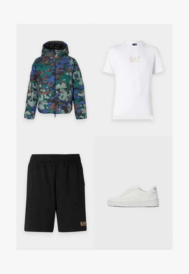 Puffjakke med kamuflasjemønster i grønt, blått og brunt. Har glidelås foran, hette og quiltet tekstur for isolasjon.; Hvit bomulls t-skjorte med rund hals og korte ermer, med en gullfarget EA7 Emporio Armani-logo trykket på fronten.; Sorte treningsshorts laget av mykt stoff, med elastisk midje og en liten gul EA7-logo nederst på venstre ben.; Hvite lærersneakers med en jevn overflate, rund tå, flate lisser og en teksturert såle. Har en subtil logo på hælen.