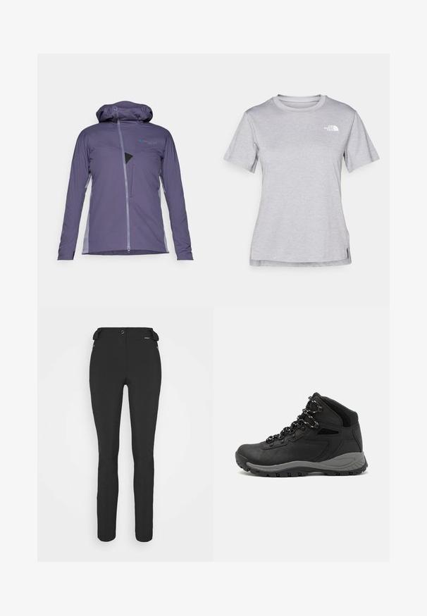 Lagani kaput s kapuljačom od tamnoljubičastog materijala s kontrastnim sivim bočnim panelima, s prednjim zip zatvaračem i prsnom džepom s mrežastim detaljom.; Siva kratka majica s kratkim rukavima izrađena od mekog, tkanog materijala koji upija vlagu. Ima okruglu izrez i mali bijeli logo na gornjem lijevom dijelu.; Crne, uske hlače izrađene od fleksibilnog materijala. Karakteristike uključuju bočni džep sa zipom, artikulirana koljena i glatku teksturu.; Crne planinarske čizme s dizajnom srednjeg vrha, sa teksturiranim gornjim dijelom, sivim akcentima i izdržljivom gumom potplatom s uzorkom za prianjanje.