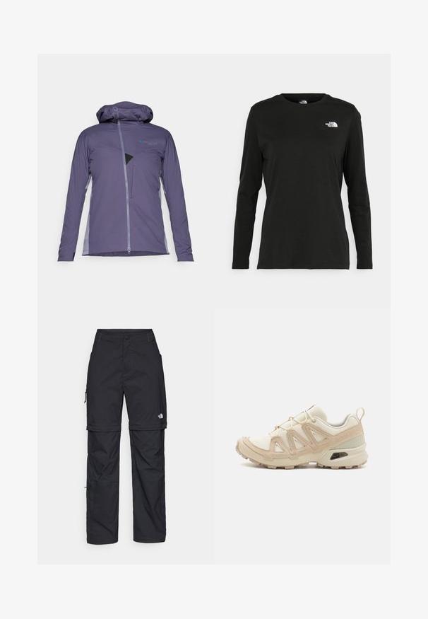 Lengvas, su kapuce purpurinės spalvos džemperis su kontrastingomis pilkomis šoninėmis detalėmis, turintis priekinį užtrauktuką ir krūtinės kišenę su tinklo detale.; Juodas ilgomis rankovėmis medvilninis marškinėliai su apvali apykakle. Savybė - mažas baltas logotipas kairėje krūtinės pusėje. Paprastas dizainas ir pritaikymas.; Juodos nailoninės krovinių kelnės su reguliuojamais rankovėmis, daugybe kišenių ir logo ant dešinės kojos. Lygi, lengva tekstūra.; Bežinės ir kreminės spalvos sportinės bateliai su tekstūruoto tinklelio viršutine dalimi, palaikančiomis detalėmis ir guminiais padais, turinčiais raštą, užtikrinantį sukibimą.