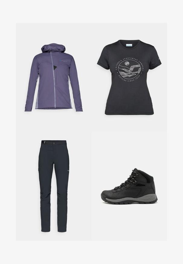 Könnyű, kapucnis dzseki sötétlila anyagból, kontrasztos szürke oldalpanelekből áll, elülső cipzárral és hálós részletekkel ellátott mellzsebbel.; Fekete Columbia póló fehér, kör alakú hegy és folyó vonalrajzzal, valamint a "Columbia Sportswear Company Outside Since 1938" felirattal.; Férfi kültéri nadrág, sötétszürke, rugalmas anyagból készült, övvel, cipzáros zsebekkel és megerősített varratokkal.; Fekete túracipő közepes magasságú kialakítással, texturált felsőrésszel, szürke részletekkel és strapabíró gumitalppal, amelynek tapadós kiemelkedései vannak.