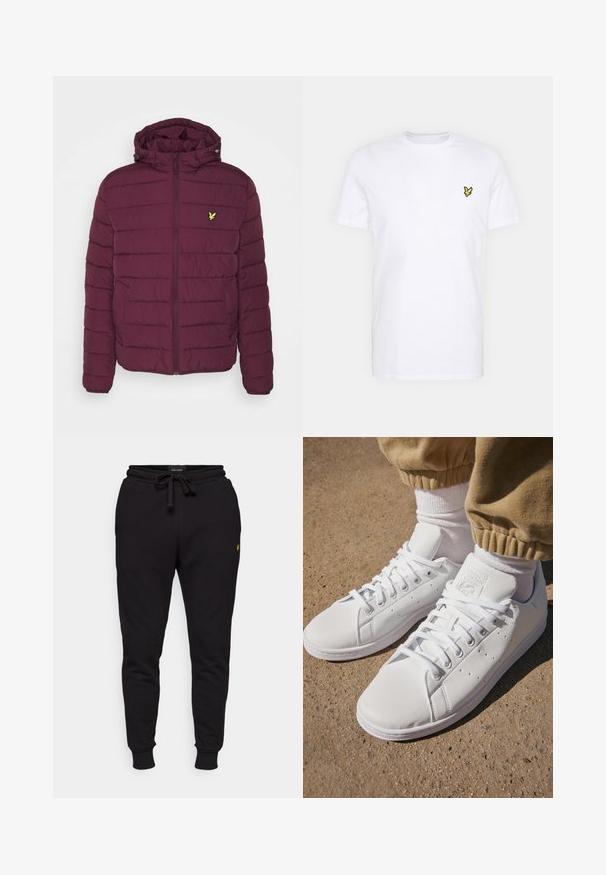 Bordeauxfarbene Pufferjacke mit Reißverschluss, Kapuze und horizontalem Steppmuster. Verfügt über ein kleines gelbes Logo auf der linken Brust und Seitentaschen.; Weißes Baumwoll-T-Shirt mit einem kleinen schwarzen und gelben gestickten Logo auf der linken Brust. Kurze Ärmel und ein Rundhalsausschnitt.; Schwarze Baumwoll-Jogginghosen mit elastischem Bund, Kordelzug und gerippten Bündchen. Mit einem kleinen gelben Logo auf dem linken Oberschenkel.; Weiße Leder-Sneaker mit einer glatten Oberfläche, klassischem Schnürdesign, Perforationen für Atmungsaktivität und einer strukturierten Gummisohle.