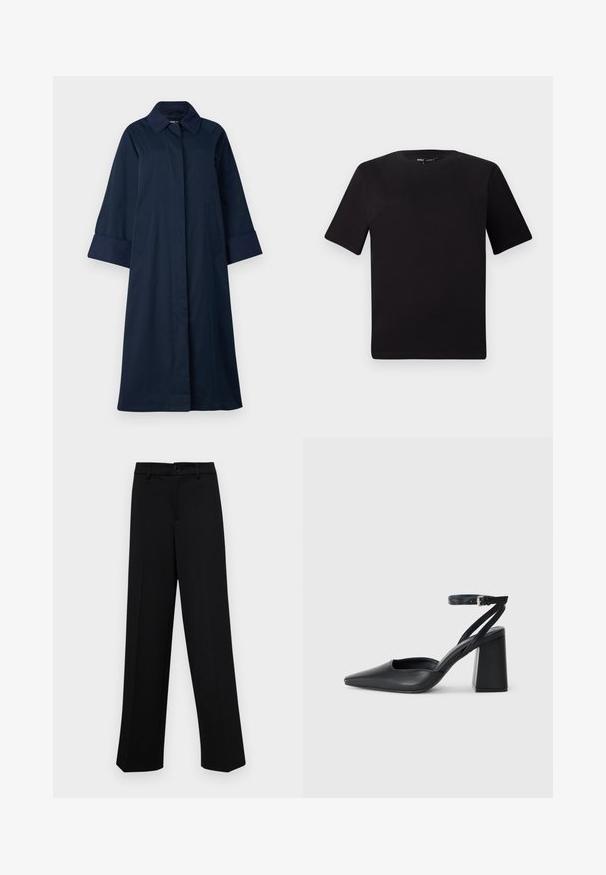 ONLY Tall ONLORCHID - Trenci - night sky; Tricou scurt negru cu mânecă scurtă și guler rotund, realizat dintr-un material de bumbac moale. Design simplu, fără logo-uri sau modele vizibile.; Pantaloni negri cu croi larg, dintr-un material neted, având un talie clasică cu închidere prin buton și plisuri frontale.; Pantofii cu toc ascuțit din piele neagră, cu breteaua pentru glezne și toc gros. Textură netedă, design elegant și estetică minimală.