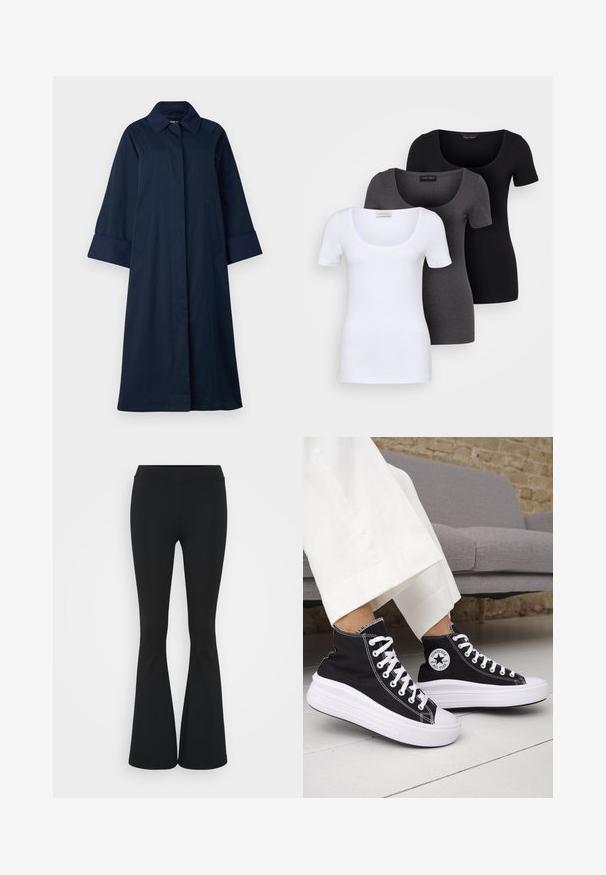 ONLY Tall ONLORCHID - Gabardina - night sky; Três t-shirts ajustadas em branco, cinza e preto. Cada uma possui um decote amplo e mangas curtas. Feitas de um tecido liso e elástico.; Calças pretas de corte alargado feitas de tecido elástico, com uma cintura alta e uma textura suave. As calças alargam-se a partir do joelho.; Ténis pretos de cano alto com solas e atacadores em borracha branca. Apresentam um emblema redondo e costuras contrastantes em branco. Material em lona.