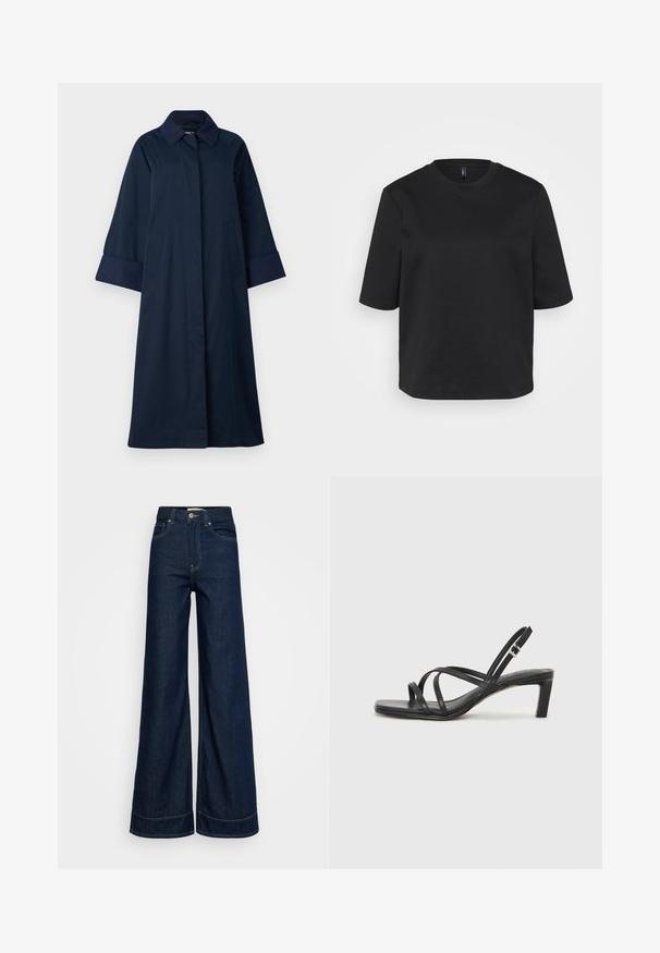 ONLY Tall ONLORCHID - Trenci - night sky; Tricou negru cu gât rotund, din bumbac, cu mâneci scurte și o croială lejeră. Textură netedă, fără modele sau accente vizibile.; Jeans cu talie înaltă, albastre închise, cu picioare largi, cu buzunare frontală, bați pentru curea, închidere cu nasture și cusături vizibile, pe un fundal alb.; Sandal cu barete negre, cu vârf pătrat și toc mic de bloc. Prezintă mai multe barete subțiri și o bareta ajustabilă la gleznă. Fabricat din piele netedă.