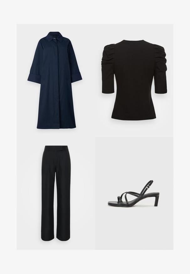 ONLY Tall ONLORCHID - Trenchcoat - night sky; Vero Moda Tall VMEGAMAXI - T-shirts - black; Sorte vide benklær laget av et glatt stoff, med høy midje og subtile frontfolder; ingen synlige mønstre eller tilbehør.; Sorte sandaler med stropper, firkantet tå og lav blokk hæl. Har flere tynne stropper og en justerbar ankelstropp. Laget av glatt lær.