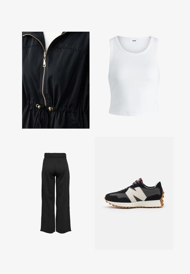 Czarna kurtka zapinana na zamek z złotym suwakiem, zebranym w talii, regulacją za pomocą sznurka i gładką fakturą. Posiada kaptur i elastyczne mankiety.; Biały prążkowany top na ramiączkach z okrągłym dekoltem, bez rękawów i skróconej długości. Metka z napisem "JJXX." Gładka faktura materiału.; Czarne, szerokie spodnie z elastycznym pasem, wykonane z gładkiego materiału. Charakteryzują się prostym wzornictwem, bez kieszeni i widocznych szwów.; Czarno-szare zamszowe sneakersy z dużym kremowym logo "N", purpurowymi sznurówkami i teksturowaną gumową podeszwą.