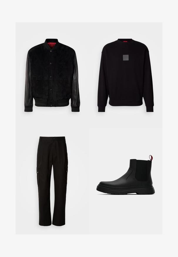 Melna bumbieru jakas ar zamšā ķermeni un ādas piedurknēm, riboti aproces un apakšmala, spiedpogu aizdare un sarkans iekšējais oderējums.; Melns džemperis ar garām piedurknēm, apaļu kakla izgriezumu, priekšpusē pelēks kvadrāta logotips, mīksta tekstūra un ribotas piedurknes un apakšmala.; Melnas kokvilnas kravas bikses ar brīvu piegriezumu, ar sānu kabatām, pogu aizdari un taisnām kājām. Vienkāršs dizains bez rakstiem.; Melnas potītes ar gludu apdari, elastīgiem sānu paneļiem un kontrastējošu sarkano cilpu, aprīkotas ar biezu gumijas zoli un noapaļotu purngalu.