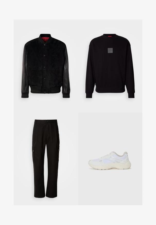 Musta pommitakkia, jossa on mokkanahkasta valmistettu runko ja nahkahihoja, ribatut hihansuut ja helma, painonappikiinnitys ja punainen sisävuori.; Musta collegepaita pitkilla hihoilla, pyöreällä kaula-aukolla, edessä harmaa neliölogo, pehmeä rakenne sekä ribbaus hihansuissa ja helmassa.; Mustat cargo-housut puuvillasta, joissa on rento istuvuus, sivutaskut, nappikiinnitys ja suorat lahkeet. Yksinkertainen muotoilu ilman kuvioita.; Valkoiset urheilukengät, jotka on valmistettu verkkokankaasta ja mokasta, sisältävät tekstuurillisen välipohjan, teksturoituja yksityiskohtia ja "HUGO"-logon sivussa.