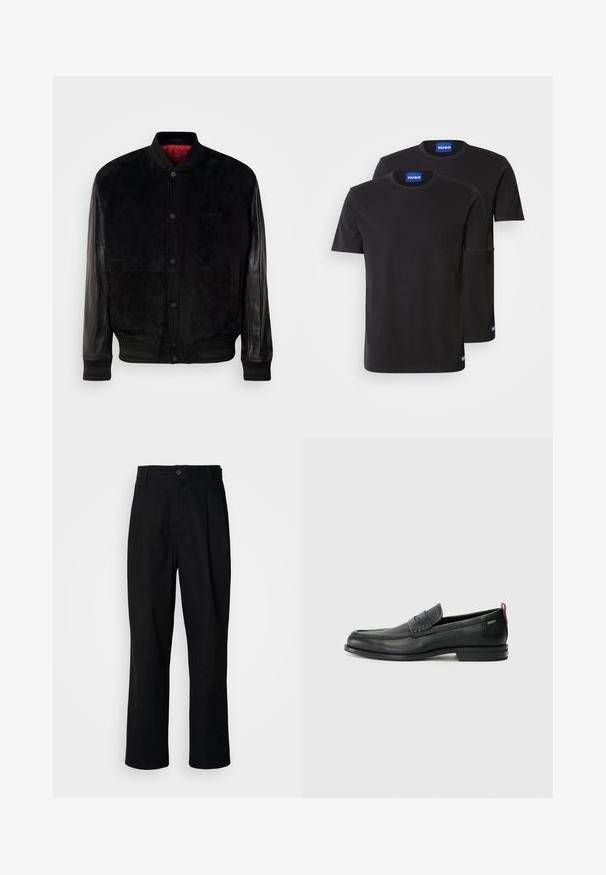 Fekete bomberdzseki nubuk anyagú testtel és bőr ujjakkal, bordázott mandzsettákkal és alsó résszel, patentos záródással, valamint piros belső béléssel.; Két fekete pamut póló kerek nyakkivágással, rövid ujjakkal és kék "HUGO" felirattal a gallérokon és az oldalsó szegélyeken.; Fekete egyenes szabású nadrág gombos derékkal, övrutakkal és elülső gyűrődéssel, egy sima fehér háttér előtt.; Fekete bőrcipők, texturált elülső részel és sima oldalakkal. Karcsú sarokkal és hátsó hurkkal könnyű felvételhez. Klasszikus dizájn.
