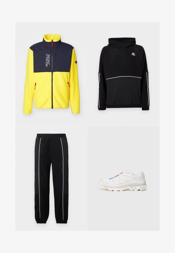 Giacca in pile con colletto alto, corpo giallo, spalle blu navy e dettagli rossi sulla zip. Presenta un logo e tasche laterali con zip.; Felpa in pile nera con zip a metà, cappuccio e linea di accento bianca. Logo stampato sul petto; presenta polsini e orlo elastici. Texture morbida.; Pantaloni sportivi neri con strisce laterali bianche, vita elastica e polsini. Realizzati in un morbido tessuto testurizzato per comfort e flessibilità.; Scarpa da ginnastica bianca con tomaia in rete testurizzata, dettagli riflettenti e suola ammortizzata. Logo del marchio ben visibile sul lato.