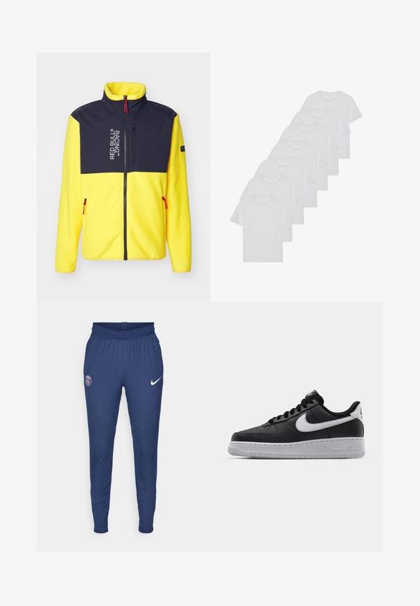 Fleece striukė su aukštu apykakle, geltonu korpusu, tamsiai mėlynomis pečių dalimis ir raudonais užtrauktuko akcentais. Yra logotipas ir šoniniai užtrauktuko kišenės.; Baltos medvilninės marškinėliai, trumpomis rankovėmis, apvaliu kaklu, lygia tekstūra, sušluoti į eilę, su subtiliu prekės ženklu ant kaklo.; Jūrinės sportinės kelnės, pagamintos iš tekstūruoto audinio, su Paryžiaus logotipu ant kairiojo šlaunies ir balta Nike swoosh ženklu dešinėje.; Juoda odinė sportinė avalynė su tekstūruota danga, balta Nike swoosh, pilkas padas, apvalus nosis ir raištelių užsegimas. Yra perforacijos ant nosies.