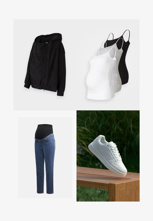ONLY MATERNITY OLMALLIE HOOD - Fleece jacket - black; Three maternity tank tops in white, gray, and black. Stretchy fabric with adjustable spaghetti straps and gathered side seams for comfort.; Maternity jeans with blue denim legs and a black stretchy abdominal panel designed to support and cover a growing belly.; White sneaker with a smooth synthetic upper, perforated toe box, flat laces, and a textured sole, displayed on a wooden surface.