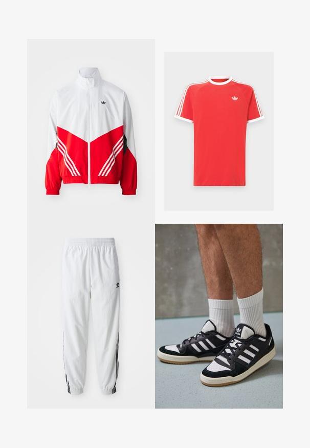 Veste coupe-vent rouge et blanche avec un logo noir, col montant, fermeture éclair, poignets élastiques et accents à rayures diagonales.; T-shirt en coton rouge avec col et manches blanches. Présente un design à trois rayures blanches sur les épaules et un petit logo blanc sur la poitrine.; Pantalon de sport blanc avec des bandes noires sur les côtés, taille élastique et bords-côtes ; présente le logo Adidas sur la cuisse gauche. Texture de tissu lisse.; Baskets noir et blanc avec une tige en suède et cuir, comportant trois rayures blanches, un bout perforé et une semelle en caoutchouc gum.