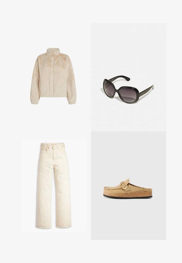 Beige, cropped fuzzy jasje met een hoge kraag, halve rits en elastische manchetten en zoom. Zachte textuur met een pluche afwerking.; Witte katoenen t-shirt met korte mouwen en een ronde hals. Eenvoudig ontwerp, losse pasvorm, gladde textuur. Geen patronen of accenten zichtbaar.; Beige wijde jeans gemaakt van katoenen denim. Kenmerken zijn onder meer een hoge taille, knoopsluiting en een vijf-pocket ontwerp. Glad, duurzaam textuur.; Beige klompen met een brede band en gouden gesp, gemaakt van zacht materiaal, met een kurken middenzool en een gestructureerde zwarte rubberen zool.; Zwarte zonnebril met oversized, ronde monturen. Lenzen verlopen van donker naar licht. Heeft een elegante, glanzende afwerking en subtiele logo-accenten op de pootjes.