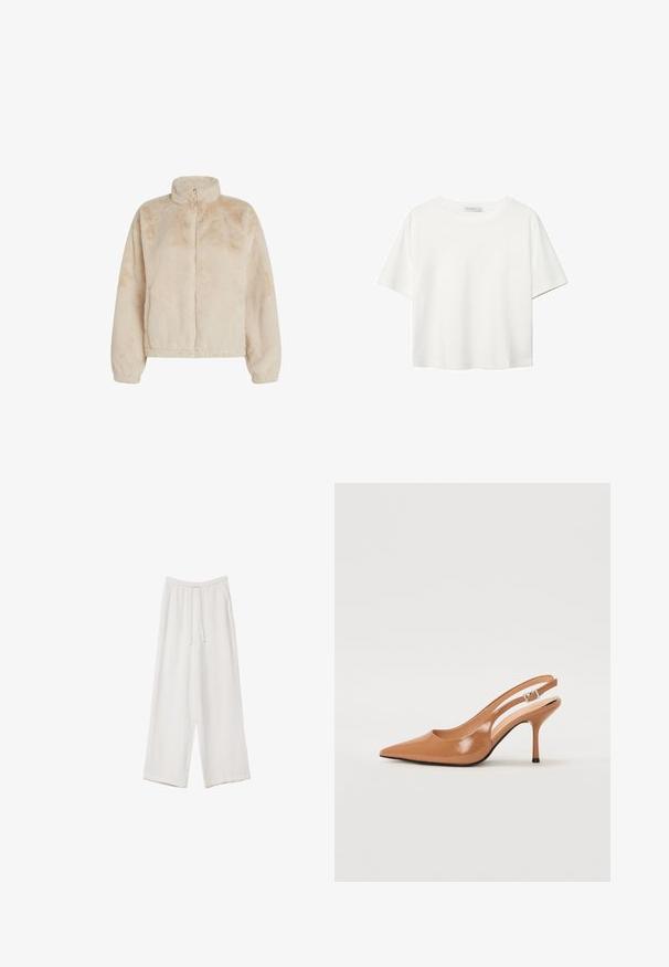 Beige, verkürzte, plüschige Jacke mit hohem Kragen, halbem Reißverschluss und elastischen Bündchen und Saum. weiche Textur mit einem plüschigen Finish.; Weißes T-Shirt mit kurzen Ärmeln aus Baumwolle. Hat einen Rundhalsausschnitt und eine lockere Passform. Glatte Textur ohne sichtbare Muster oder Akzente.; Weiße weit geschnittene Hose aus leichtem Stoff. Mit einem elastischen Bund und Kordelzug sowie Seitentaschen. Glatte Textur.; Spitz zulaufender Slingback-Absatz aus einem glatten, glänzenden, tanfarbenen Material. Mit einem geschwungenen Ausschnitt-Design und einem schlanken Stiletto-Absatz. Silberne Schnallendetails.