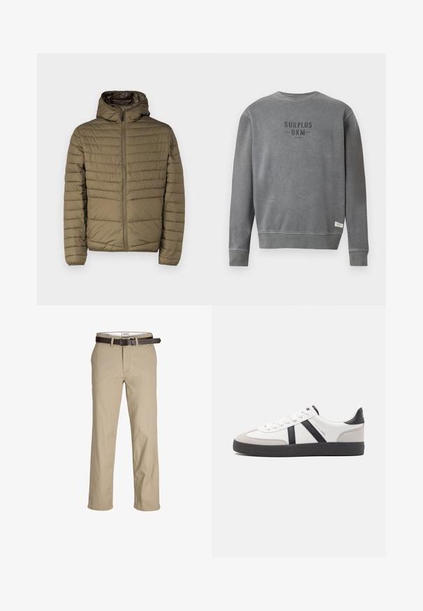 Fleecjacka i olivgrön, med dragkedja framtill, huva och sydda horisontella linjer för textur. Lätt och med en slät yta.; Grå långärmad crewneck sweatshirt med texten "SURPLUS DNM" tryckt i svart på bröstet och en liten vit etikett nära fållen.; Beige bomullbyxor med rak passform, som har bälteshällor, ett brunt läderbälte och en klassisk design. Slät, robust textur.; Vit sneaker med svarta och grå accenter, med en strukturerad grå tådel, svart gummisul, och platta vita skosnören. Ren design, minimalistisk stil.