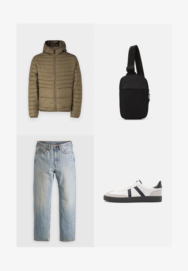 Olive rohelises pufferi jope, millel on lukk ees, kapuuts ja tikitud horisontaalsed jooned tekstuuri jaoks. Kerge ja siledapinnaline.; Pruun kudumiga pehme pullover, millel on polo kaelus, kolm nuppu kaela juures ja pikad varrukad. Pehme tekstuur, ribidega mansetid ja äär.; Heledad hele sinine teksapükste kõrge vöökoht, ees nupuga, lukuga ja viie taskuga disain, asetatud tasasele neutraalsele taustale.; Valged tossud mustade ja hallide aktsentidega, tekstureeritud halli varbakattega, musta kummitald ja lamedad valged paelad. Puhtad jooned, minimalistlik stiil.; Mustmust crossbody kott mustekangast, millel on üks reguleeritav rihm, lukuga põhiosas ja eesmine tasku.