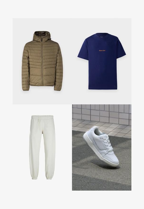 Dunja s kapuljačom u maslinasto zelenoj boji, s prednjim zatvaračem i oštrim horizontalnim šavovima za teksturu. Laka s glatkom završnom obradom.; Tamno plava pamučna majica s kratkim rukavima. Ima mali, narančasti izvezeni logo na prsima. Klasičan dizajn s okruglim izrezom.; Bijele trenirke napravljene od mekanog materijala, s elastikom u struku i na manžetama, glatke teksture i labavog kroja.; Bijele kožne tenisice s perforiranim bočnim dijelovima, teksturiranim akcentima, ravnim vezicama i kontrastnim sivim petom. Imaju blago povišenu potplat.