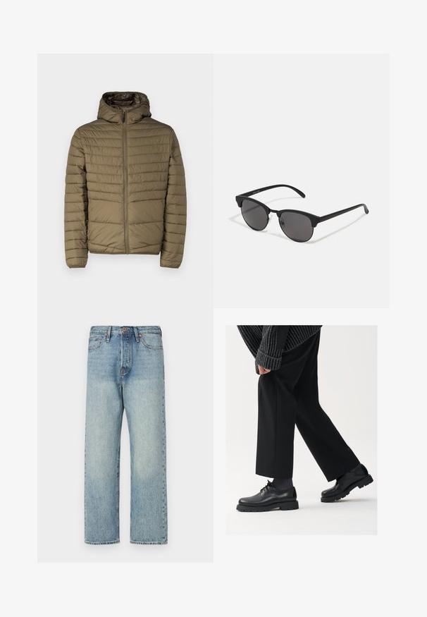 Chaqueta de plumas en verde oliva, con cierre de cremallera en la parte frontal, capucha y líneas horizontales cosidas para aportar textura. Ligera y con un acabado suave.; Camiseta de algodón blanca con mangas cortas, cuello redondo y un texto gráfico rojo que dice "FRUTA DELICIOSA Y REFRESCANTE" en la parte frontal.; Jeans de mezclilla azul claro con un diseño de pierna recta, cinco bolsillos y herrajes en bronce. Mínima decoloración con un acabado limpio.; Zapatos de cuero negro con punta redondeada, diseño de cordones y suela gruesa y texturizada. Combinados con pantalones negros a medida y un suéter acanalado.; Gafas de sol negras con lentes redondos, acabado mate y una distintiva forma de ojo de gato. Patillas delgadas con un sutil branding en la patilla izquierda.