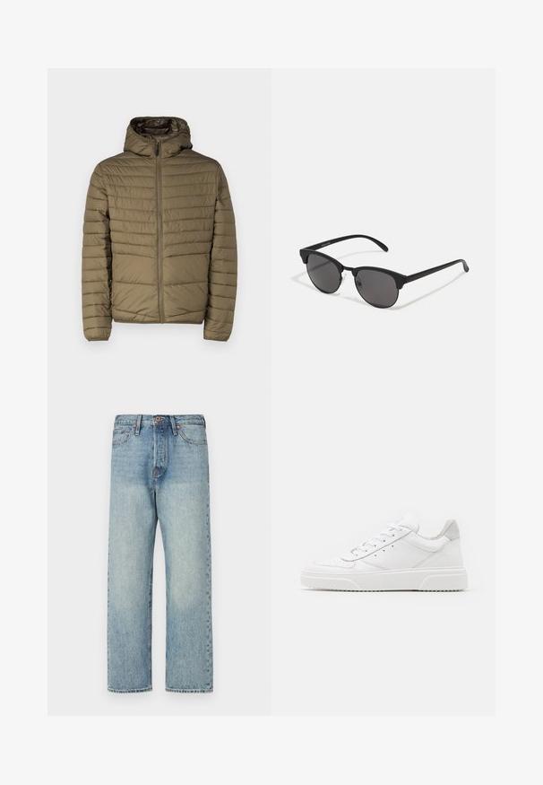 Olívazöld melegítődzseki, cipzárral elöl, kapucnival és vízszintes varrásokkal a textúráért. Könnyű, sima felületű.; Fehér pamut póló, rövid ujjakkal, kerek nyakkal, elöl piros grafikus felirattal: "ÍZLETES FRESKÉLŐ GYÜMÖLCS".; Világoskék farmernadrág egyenes lábbal, öt zsebbel és bronz kiegészítőkkel. Minimális kopás, tiszta kivitel.; Fehér bőr sportcipő sima felülettel, kerek orral, lapos fűzőkkel és textúrált talppal. Szürke velúr díszítés a saroknál.; Fekete napszemüveg kerek lencsékkel, matt felülettel és jellegzetes macska szem formával. Vékony szárak, a bal oldali templomon diszkrét márkajelzéssel.