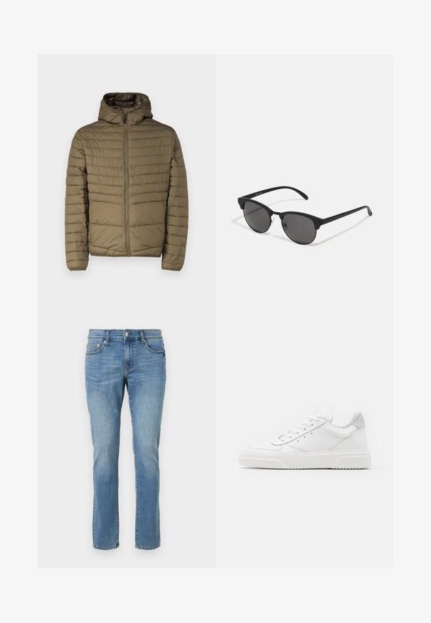 Pufferjakke i olivengrøn med lynlåse foran, hætte og syede vandrette linjer for tekstur. Letvægtig med en glat overflade.; Hvid bomulds t-shirt med korte ærmer, rund hals og rød grafisk tekst "DELICIOUS REFRESHING FRUIT" på forsiden.; Lyseblå denim jeans med lige snit, fem lommer og knaplukning. Funktionen inkluderer subtilt slid og standard syning.; Hvide lædersneakers med en glat finish, rund tå, flade snørebånd og en struktureret sål. Grå ruskindsdetalje ved hælen.; Sorte solbriller med runde linser, mat finish og karakteristisk katteøje-form. Slanke arme med subtil branding på venstre stel.