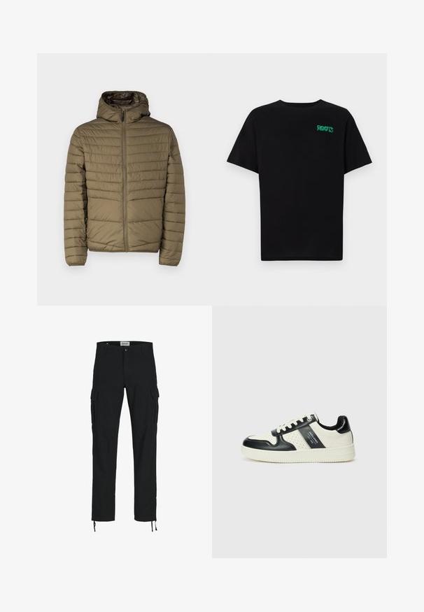 Pufferjack in olijfgroen, met een rits aan de voorkant, een capuchon en gestikte horizontale lijnen voor textuur. Lichtgewicht met een soepele afwerking.; Zwarte T-shirt van katoen met korte mouwen. Heeft een groen "ROOTS" logo op de voorkant, een ronde halslijn en een standaard pasvorm.; Zwarte cargobroek met een rechte snit, voorzien van zijzakken, een knoopsluiting en elastische trekkoorden bij de enkels. Gemaakt van duurzame stof.; Leren sneakers met een zwart en crèmekleurig kleurenschema, voorzien van geperforeerde accenten, een gevoerde kraag en een gestructureerde buitenzool.