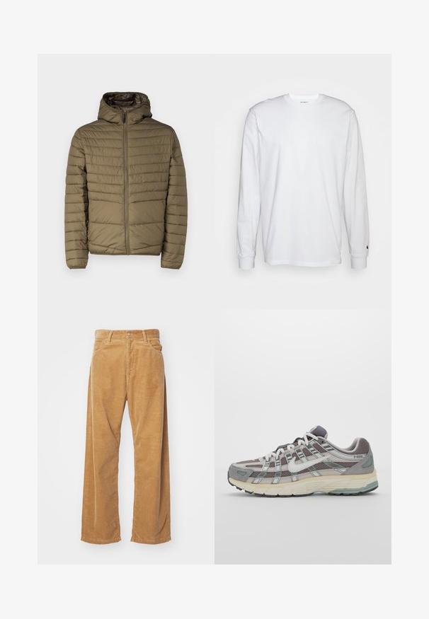 Giacca puffer in verde oliva, con zip frontale, cappuccio e righe orizzontali cucite per texture. Leggera con una finitura liscia.; T-shirt bianca a maniche lunghe realizzata in cotone. Design con collo rotondo, polsini a costine e un piccolo logo sulla manica sinistra. Texture liscia.; Pantaloni a gamba larga in corduroy di colore beige. Presentano righe verticali testurizzate, una vita standard e due tasche frontali.; Scarpa sportiva grigia con tomaia in mesh e suede, dettagli bianchi, suola ammortizzata e un design distintivo con elementi riflettenti.
