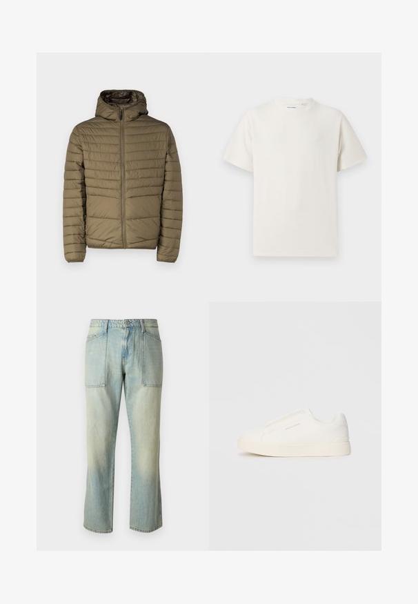 Pufferjakke i olivengrøn med lynlåse foran, hætte og syede vandrette linjer for tekstur. Letvægtig med en glat overflade.; Hvid kortærmet T-shirt i ribbet tekstur. Rund halsudskæring, løs pasform, ingen synlige mønstre eller accenter. Enkel og alsidig design.; Lyseblå denim jeans med lige ben, synlig syning og to store forlommer. Stoffet har en falmet struktur.; Hvide slip-on sneakers med en struktureret overflade, en tyk sål og et minimalistisk design. Har brandlogoet på siden.