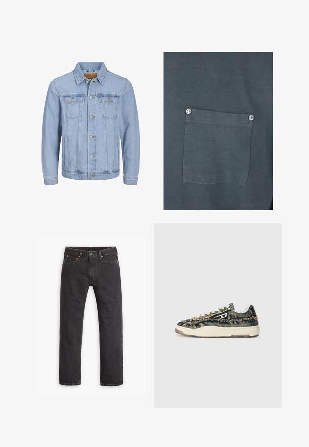 Giacca in denim azzurro chiaro con colletto, chiusura a bottoni, due tasche sul petto, tasche laterali e dettagli cuciti lungo le cuciture.; Maglietta in cotone grigio scuro con taschino sul petto dotato di un pulsante a pressione argentato e una texture liscia. I dettagli delle cuciture sono visibili attorno alla tasca.; Jeans in denim nero a gamba dritta con cinque tasche, chiusura a bottone e rivetti in rame, disposti su uno sfondo bianco.; Sneaker in denim con una texture sfrangiata, accenti beige, lacci bianchi e un design a profilo basso. Presentano una suola in gomma e un logo distintivo.