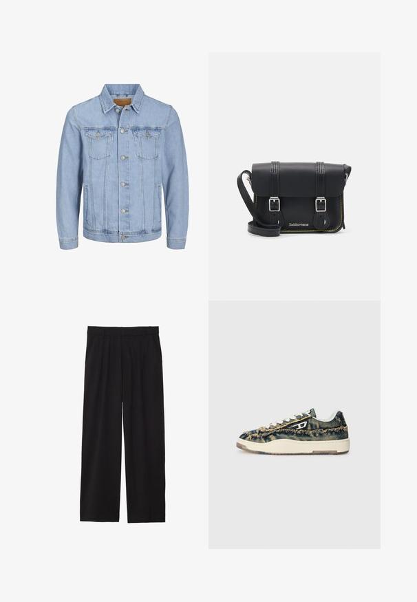 Lichtblauwe denim jas met een kraag, knoopsluiting, twee borstzakken, zijzakken en gestikte details langs de naden.; Donkergrijze katoenen t-shirt met een borstzak met een zilveren drukknoop en een gladde textuur. Stiksel details zijn zichtbaar rondom de zak.; Zwarte wijde broek met geplooide voorkant, zijzakken en een gladde stoftextuur. Ontworpen voor een ontspannen pasvorm.; Denim sneakers met een rafelige textuur, beige accenten, witte veters en een laag profiel ontwerp. Voorzien van een rubberen zool en een onderscheidend logo.; Zwarte leren schoudertas met een klep, twee zilveren sluitingen, gele stiksels en een verstelbare schouderband. Beschikt over een gladde textuur en een compact ontwerp.