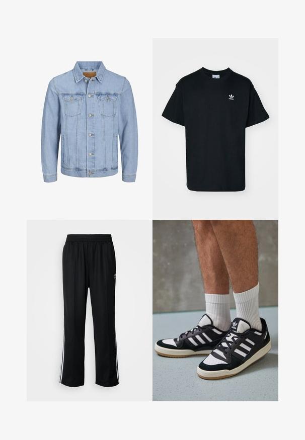 Lyseblå denimjakke med krage, knappeåpning, to brystlommer, sidelommer og sydde detaljer langs sømmene.; Svart bomull T-skjorte med rund hals og korte ermer, med en liten hvit Adidas-logo på venstre brystområde.; Sorte treningsbukser med elastisk midjebånd, med hvite sidestiper og en liten logo. Materialet ser mykt og lett ut.; Sorte og hvite sneakers med overdel i semsket skinn og lær, med tre hvite striper, perforert tå og en såle av gummi.