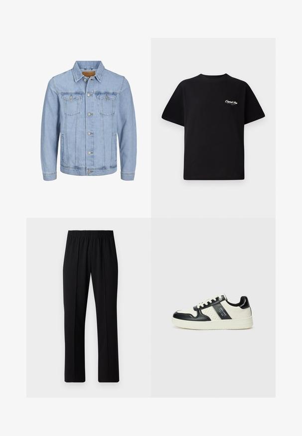 Hele sinise denimi jope kraega, nööpidega kinni, kahe rinna-tasku, küljetaskute ja õmblustel õmmeldud detailidega.; Must mustrüst t-särk, millel on ümar kaelus, lühikesed varrukad ja väike valge logo tekst vasakul rinnal. Lihtne disain, klassikaline sobivus.; Mustad, elastse puusärgid sirge säärega, mis on sileda tekstuuriga ja ilma nähtavate mustrite või riistadega.; Nahatud nahkkingad musta ja kreemi värviskeemiga, millel on perforeeritud aktsendid, pehme krae ja tekstureeritud tallad.