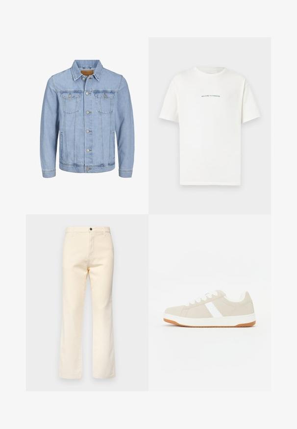 Light blue denim jacket with a collar, button closure, two chest pockets, side pockets, and stitched details along the seams.; White cotton t-shirt with short sleeves and a crew neck. Centered text reads "WELCOME TO PARADISE" in a curved green font.; Cream-colored cotton jeans with a straight leg design, featuring a front button closure and standard five-pocket styling.; Beige sneaker with white accents, suede texture, rounded shape, lace-up design, and a contrasting gum rubber outsole.
