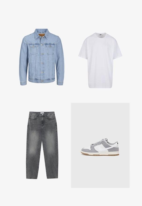 Šviesiai mėlynas džinsinis švarkas su apykakle, mygtukų uždarymu, dviem krūtinės kišenėmis, šoniniais kišenėmis ir siuvinėjimo detalėmis aplink siūles.; Balta medvilninė marškinėlių užsagėlė su trumpomis rankovėmis, apvaliu kaklu, laisva forma ir be matomų logotipų ar raštų. Lygi tekstūra ir minimalus dizainas.; Aukštai juosmeniu, laisvai krentančios džinsai iš blukusių juodų džinsų. Savybės: penki kišenės, diržo kilpos ir švari, tiesi kojų dizainas.; Nike sportbačiai turi pilką zomšinį ir baltą odinį viršų su perforacijomis, apvaliais raišteliais ir gumine padų danga sukibimui.