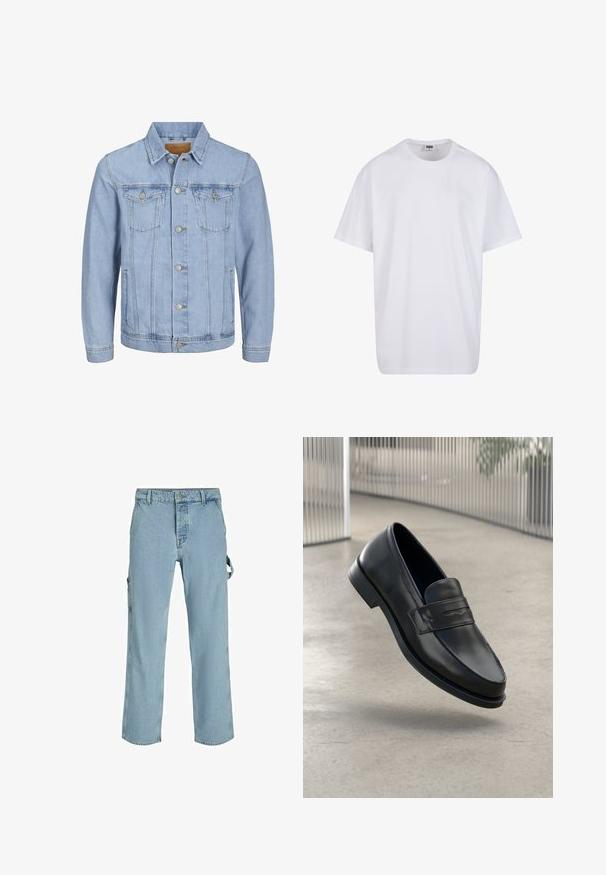 Vaaleansininen farkkutakki, jossa on kaulus, napitus, kaksi rintataskua, sivutaskut ja ommellut yksityiskohdat saumoissa.; Valkoinen puuvillainen t-paita, jossa on lyhyet hihat, pyöreä kaula-aukko, rento istuvuus ja ei näkyviä logoja tai kuvioita. Sileä pinta ja minimaalinen muotoilu.; Vaaleansiniset farkku cargo-housut rentoa istuvuutta, joissa on sivukiinnityslenkit ja etutaskut, sekä haalistunut pinta.; Mustat nahkaiset loaferit, joissa on sileä pinta, kärjekäs kärki ja koristeellinen remmi jalkapöydän yli. Kevyt pohja, minimalistinen muotoilu.