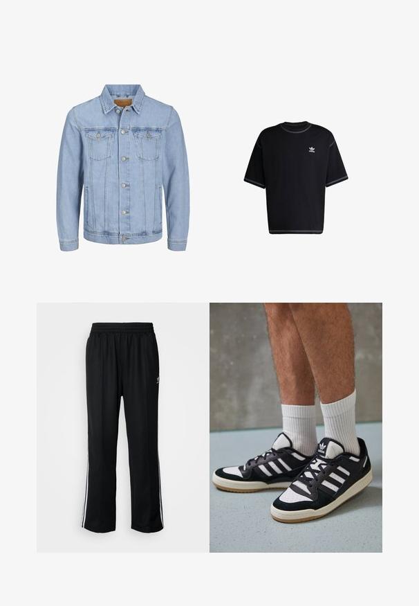 Casaco de ganga azul claro com gola, fecho de botão, dois bolsos no peito, bolsos laterais e detalhes cosidos ao longo das costuras.; T-shirt de algodão preto com mangas curtas. Apresenta um decote redondo e acentos em costura branca. Pequeno logo branco da Adidas no lado esquerdo do peito.; Calças atléticas pretas com um cós elástico, apresentando riscas brancas laterais e um pequeno logótipo. O material parece macio e leve.; Ténis em preto e branco com upper em camurça e couro, apresentando três riscas brancas, um toe perfurado e uma sola em borracha de goma.