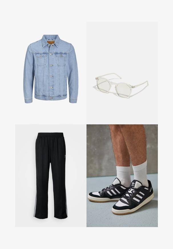 Casaco de ganga azul claro com gola, fecho de botão, dois bolsos no peito, bolsos laterais e detalhes cosidos ao longo das costuras.; T-shirt preta feita de algodão com detalhes em branco. Apresenta mangas curtas, design raglan, e um pequeno logótipo no peito. Três riscas brancas nos ombros.; Calças atléticas pretas com um cós elástico, apresentando riscas brancas laterais e um pequeno logótipo. O material parece macio e leve.; Ténis em preto e branco com upper em camurça e couro, apresentando três riscas brancas, um toe perfurado e uma sola em borracha de goma.; Óculos de sol redondos com uma armação transparente, lentes verde-claro e hastes finas e transparentes. Apresenta subtis detalhes em metal na armação.