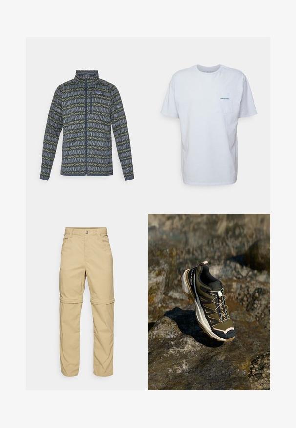 Muška jakna od flisa sa patentnim zatvaračem, u plavoj, sivoj i zelenoj geometrijskoj uzorku, s džepom na prsima s patentnim zatvaračem i Patagonia logom na prsima.; Bjela pamučna majica s kratkim rukavima, okruglim izrezom i lijevim džepom na prsima s plavim "Patagonia" logom. Klasični kroj s glatkom teksturom.; Bež hlače s patentnim zatvaračem i glatkom teksturom, s dva bočna džepa, dugmetom za zatvaranje i preklopnim manžetama za svestranost.; Planinarska obuća u maslinasto zelenoj i crnoj boji s ružičastim akcentima. Ima teksturirani gornji dio, fleksibilnu podlogu, ojačan vrh i šareni sustav vezanja.