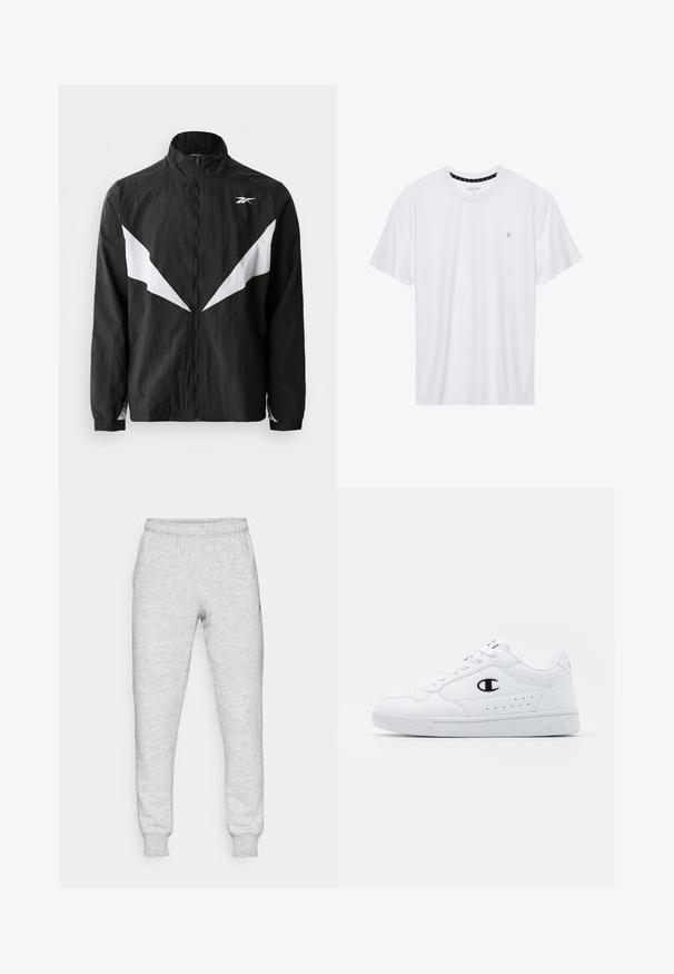 Sort vindjakke lavet af tekstureret stof. Har hvide vinkelformede accenter og en høj krave. Lynlås lukning og elastiske manchetter.; Hvid crewneck t-shirt lavet af bomuld, med korte ærmer og et lille logo broderet på venstre brystområde. Blød tekstur.; Grå sweatpants lavet af blød bomuldsblanding, med elastisk talje, snævre ben og et lille logo i venstre lommeområde.; Hvide atletiske sneakers med en glat syntetisk overdel, sort logoaccent og perforerede detaljer på siden. Gummisål.