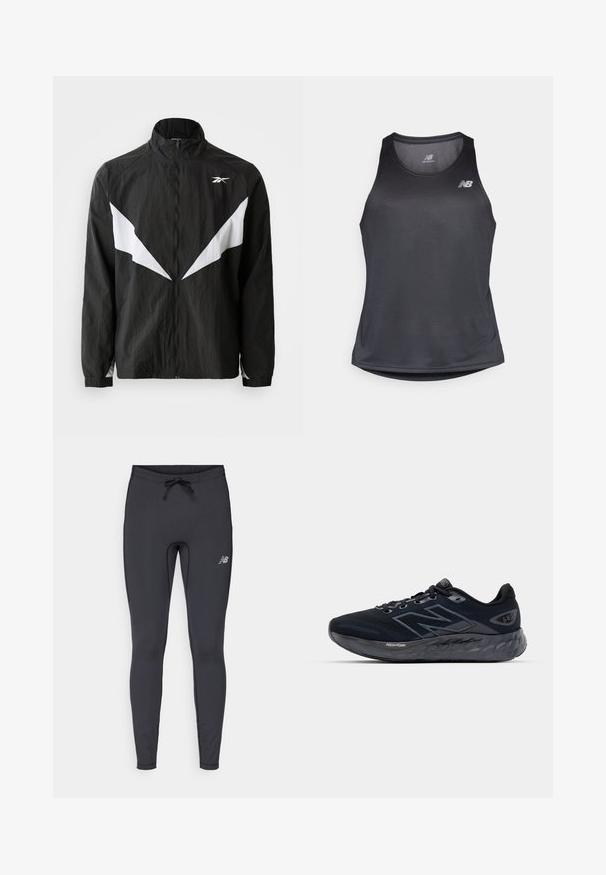 Must mustan tuulejope, valmistatud tekstuuriga kangast. Omab valgeid nurkseid aktsente ja kõrget kraed. Lukuga sulgemine ja elastsed mansetid.; Mustvalge sportlik tank-särk, mis on valmistatud niiskust eemaldavast kangast, ringjate kaelustega ja peene ribakudumisega, valge logo rinnal.; Mustad mustredsportlikud legginsid, mis on valmistatud venivast kangast. Rihmaga vöökoht ja väike reflekteeriv logo paremal reie ees.; Meeste jooksujalatsid mustast võrgusilmast paksu halli tallaga, ümarate tekstuuride ja peegeldavate detailidega. Küljel on "New Balance" logo.