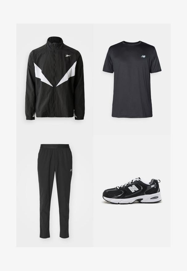 Black windbreaker jacket made from textured fabric. Features white angular accents and a high collar. Zipper closure and elastic cuffs.; New Balance Sports T-shirt - black; Black athletic pants made of lightweight material with an elastic waistband, tapered design, and subtle logo detail on the side.; Black and gray athletic shoes with mesh and suede upper, featuring a white midsole, laces, and a bold "N" logo on the side.