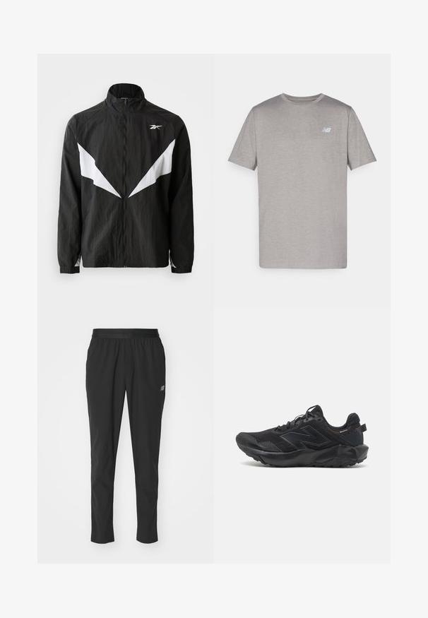 Casaco corta-vento preto feito de tecido texturizado. Apresenta acentos angulares brancos e um colarinho alto. Fecho de correr e punhos elásticos.; T-shirt cinza de mangas curtas feito de tecido macio, apresentando um logotipo discreto em azul claro no lado esquerdo do peito. Decote redondo, ajuste regular.; Calças de desporto pretas, feitas de material leve, com uma cintura elástica, design afunilado e um discreto detalhe de logotipo na lateral.; Sapatos de corrida em trilhos pretos com um upper em malha texturizada, sobreposições que oferecem suporte e uma sola robusta para tração. Apresenta um logótipo proeminente.