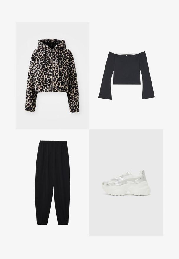 Krojena kapuljača od mekog umjetnog krzna s bež osnovnom bojom i crnim leopard mrljama. Ima patentni zatvarač sprijeda i vezice na kapuljači.; Crna kratka bluzica s otvorenim ramenima koja ima dugačke rukave s rese, glatku teksturu i bijelu obrubu oko izreza. Stražnji dio s ukrasnom mašnom.; Crne, lagane hlače s elastičnom stražnjom pasicom i naboranim gležnjevima. Tkanina je glatka i ima opušteni, suženi dizajn.; Srebrne tenisice s teksturiranim mrežastim gornjištem i iridescentnim akcentima, s debelim bijelim potplatom i vezanjem na vezice.