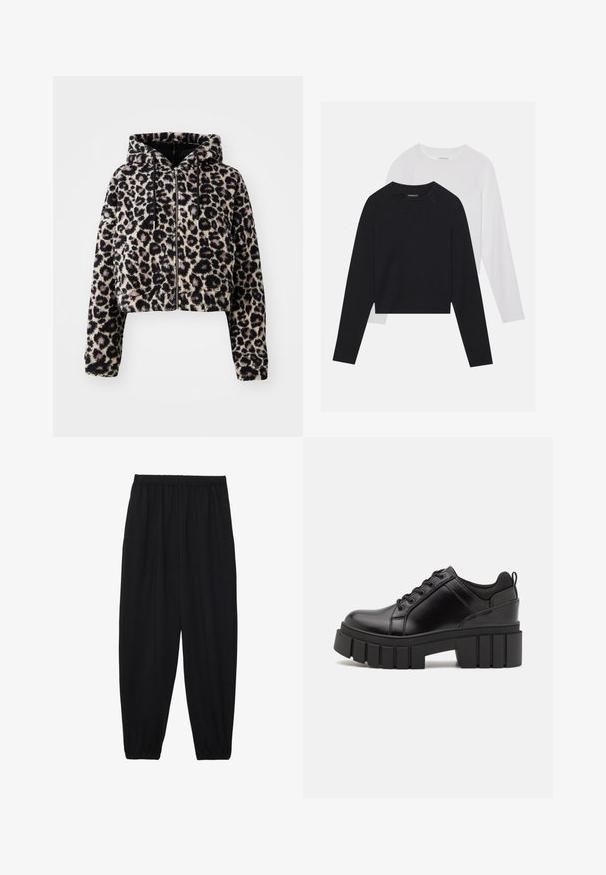 Giacca cropped con cappuccio in morbido pelliccia sintetica, di colore beige con macchie nere a forma di leopardo. Presenta una chiusura con zip e lacci sul cappuccio.; Due camicie a maniche lunghe: una nera e una bianca. Entrambe presentano un col a girocollo, maniche raglan e un morbido tessuto in misto cotone.; Pantaloni neri leggeri con vita elastica e caviglie arricciate. Il tessuto è liscio e presenta un design rilassato e affusolato.; Scarpe platform in pelle nera con tacco a blocco robusto, punta rotonda e design tradizionale con lacci. Presentano una superficie liscia e dettagli minimi.