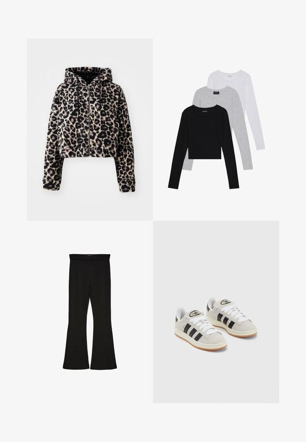 Przycięta, kapturowa kurtka z miękkiego sztucznego futra w jasnobeżowym kolorze z czarnymi łatkami w wzór lamparta. Posiada zamek błyskawiczny z przodu i sznurki do regulacji kaptura.; Trzy bluzki z długim rękawem ułożone jedna na drugiej: czarna, szara i biała. Każda z okrągłym dekoltem i skróconym fasonem, wykonana z gładkiego, lekkiego materiału.; Czarne legginsy w stylu dzwonów wykonane z elastycznej tkaniny. Posiadają szeroki pas i gładką teksturę, z dopasowanym krojem, który rozszerza się ku dołowi.; Szare zamszowe trampki z białymi sznurówkami, czarnymi paskami i białą gumową podeszwą. Posiadają okrągłe logo na języku oraz gumową podeszwę.