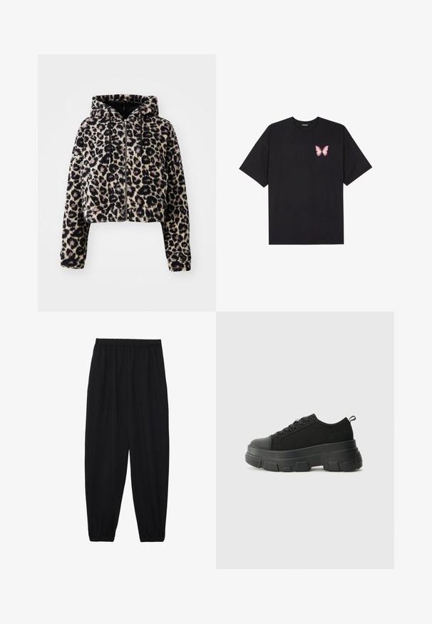 Cropped, hooded jacket in soft faux fur with a tan base color and black leopard spots. Features a zip front and drawstrings on the hood.; Black cotton t-shirt with short sleeves, featuring a small pink butterfly graphic on the left chest. Crew neck design with a relaxed fit.; Black, lightweight pants with an elastic waistband and gathered ankles. The fabric is smooth and features a relaxed, tapered design.; Black sneakers with a chunky rubber sole, textured fabric upper, round toe, and lace-up design. Features reinforced eyelets and back pull tab.