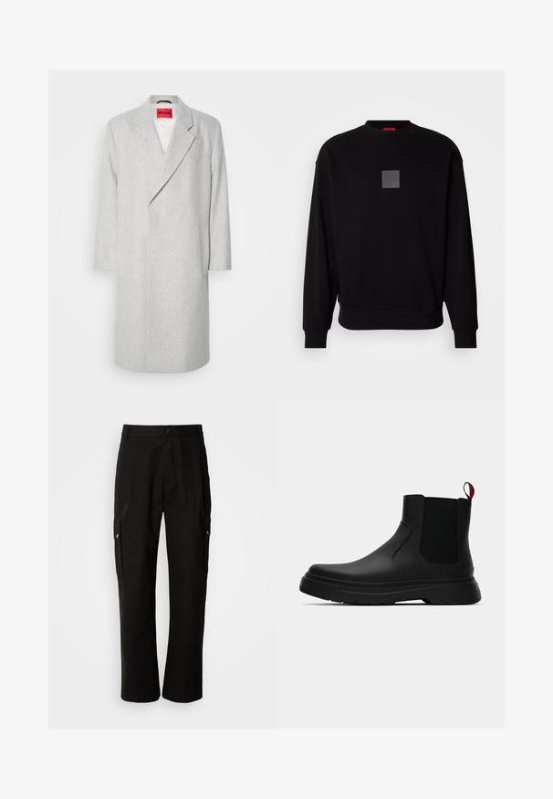 Szürke gyapjúkeverék kabát, kézivágott gallérral, hosszú ujjal és egygombos záródással. Tapasztalható rajta egy rakott zseb és egy élénkpiros címke belül.; Fekete pulóver hosszú ujjal, kerek nyakkivágással, elülső szürke négyzet logóval, puha tapintással, valamint bordázott mandzsettákkal és szegéllyel.; Fekete vászont nadrág laza szabással, oldalsó zsebekkel, gombos záródással és egyenes lábakkal. Egyszerű minta nélküli design.; Fekete bokacipő sima felülettel, ruganyos oldalsó panelek és kontrasztos piros húzópánt jellemzi, vastag gumitalppal és lekerekített orral.